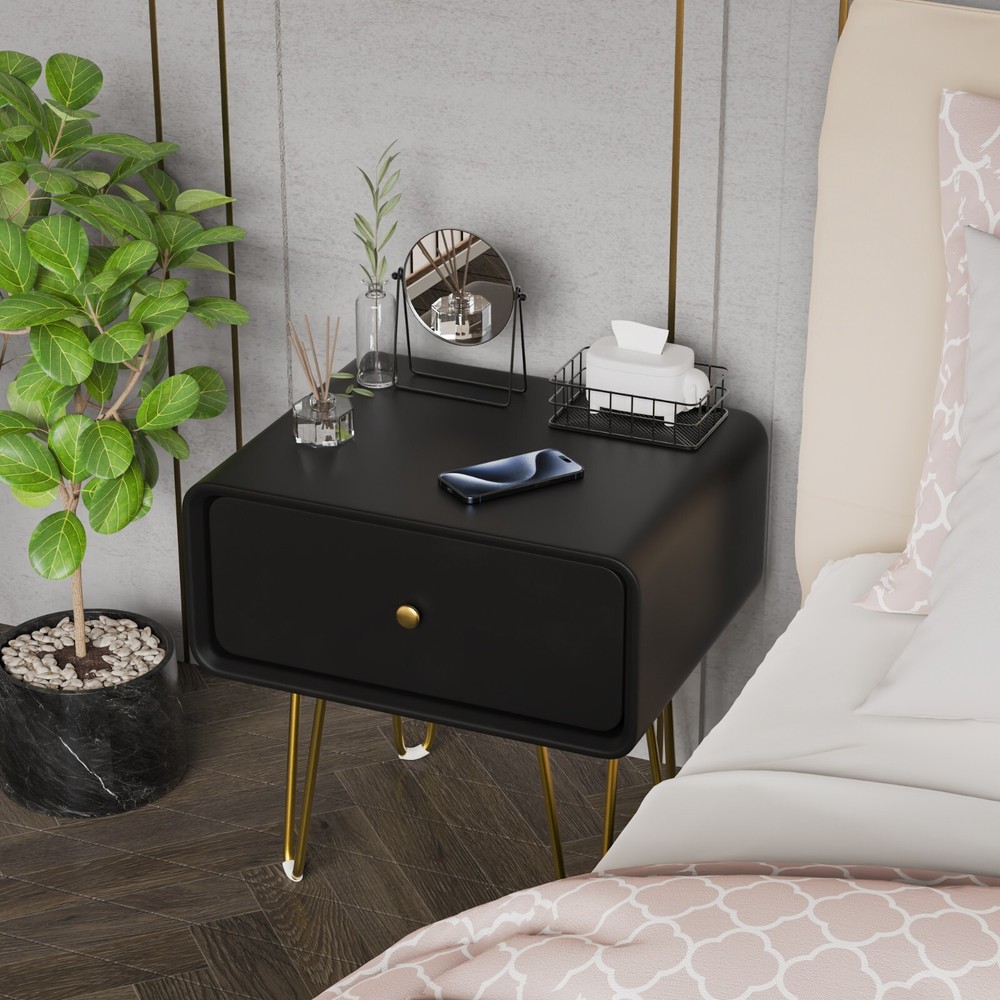 Black single drawer solid wood bedside table easy to install and convenient