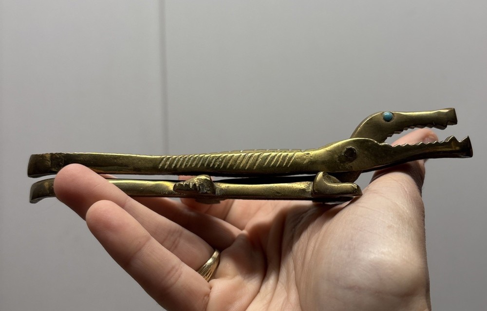 Brass Alligator Crocodile Reptile Nutcracker Nut Cracker W/Turquoise Eye 7”