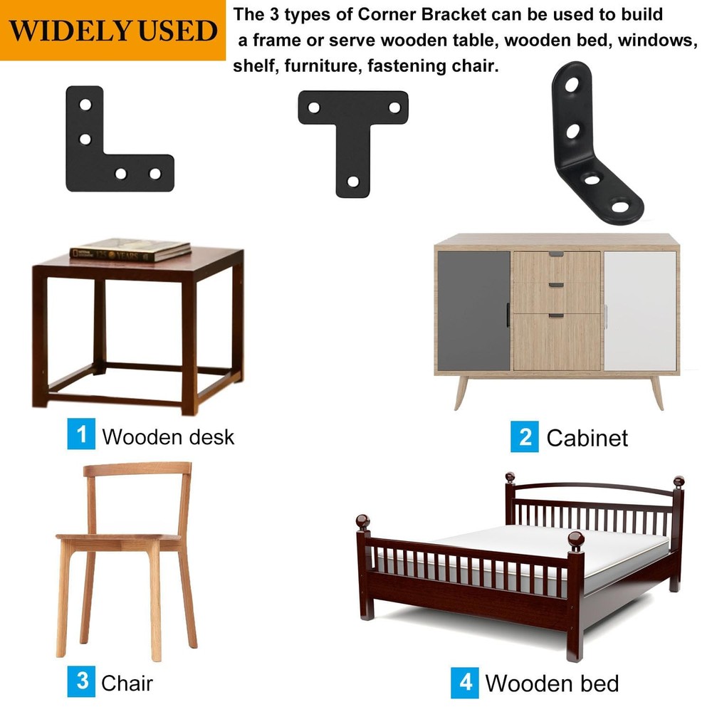 QSJ 24 Pack L Bracket Corner 24Pcs Set (Flat T/L/Solid L), Black