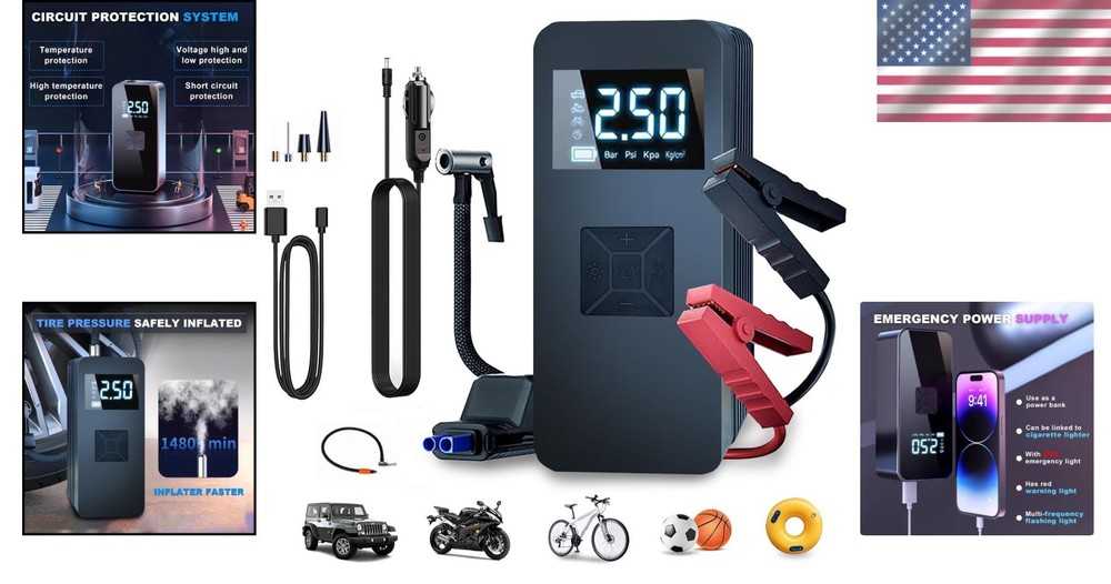 Multi-Functional Car Battery Jump Starter & Air Compressor with Smart Features