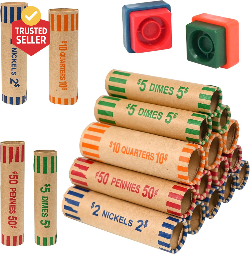 60 Assorted Coin Roll Wrappers with Color Coded Coin Wrapper Crimping Tool -(Qua