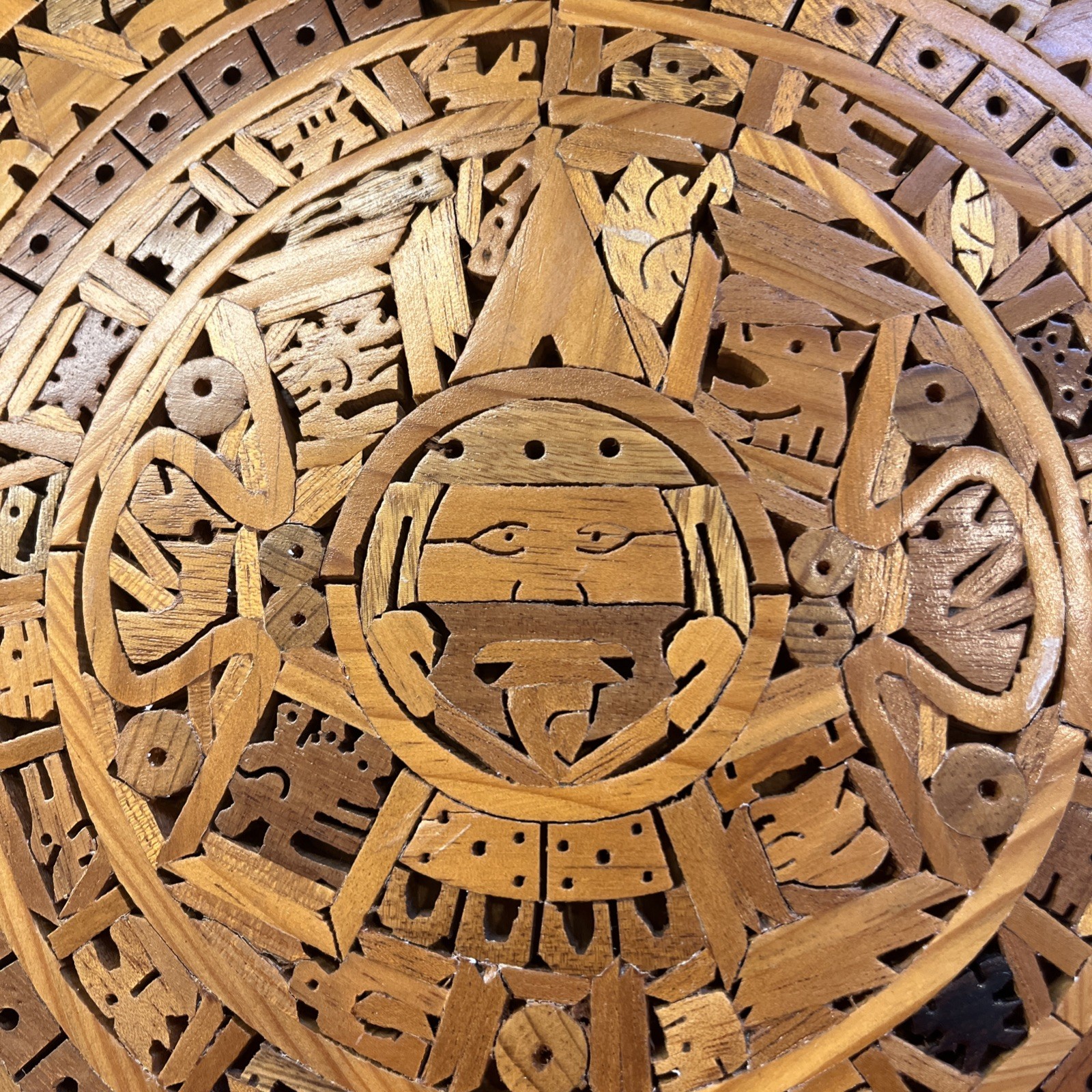 Vintage Aztec Mayan Calendar Mexico Inlaid Wall Hanging 13” Solid Wood