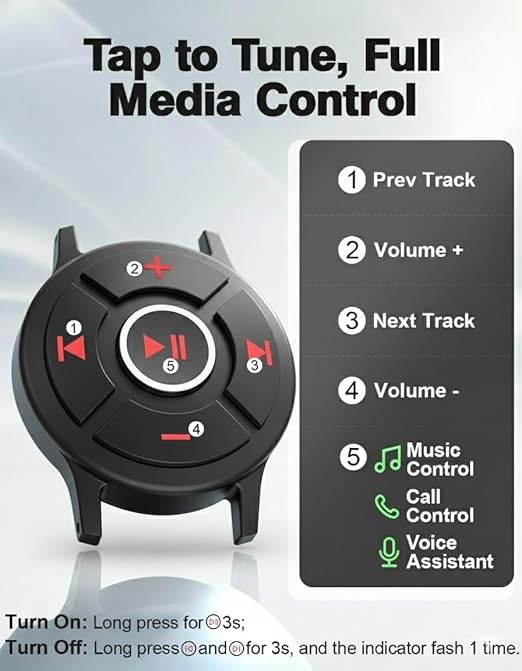 Waterproof Bluetooth Media Button, Steering Wheel Remote Control for Car & Bike