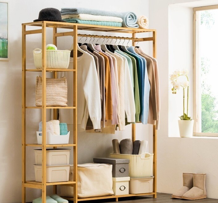 6 Tier Bamboo Garment Rack Storage Shelves Clothes Hanging Wardrobe Closet Stand