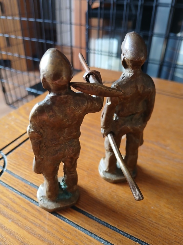 Pair Vintage Solid Brass Miners With Axes 11cm Tall (Store box #3)