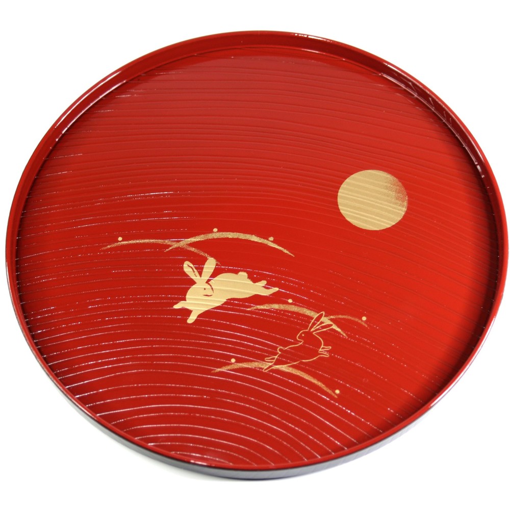 Japanese Round Tray 21cm Rabbit Pattern Red Gold Serving Plate Daiso New