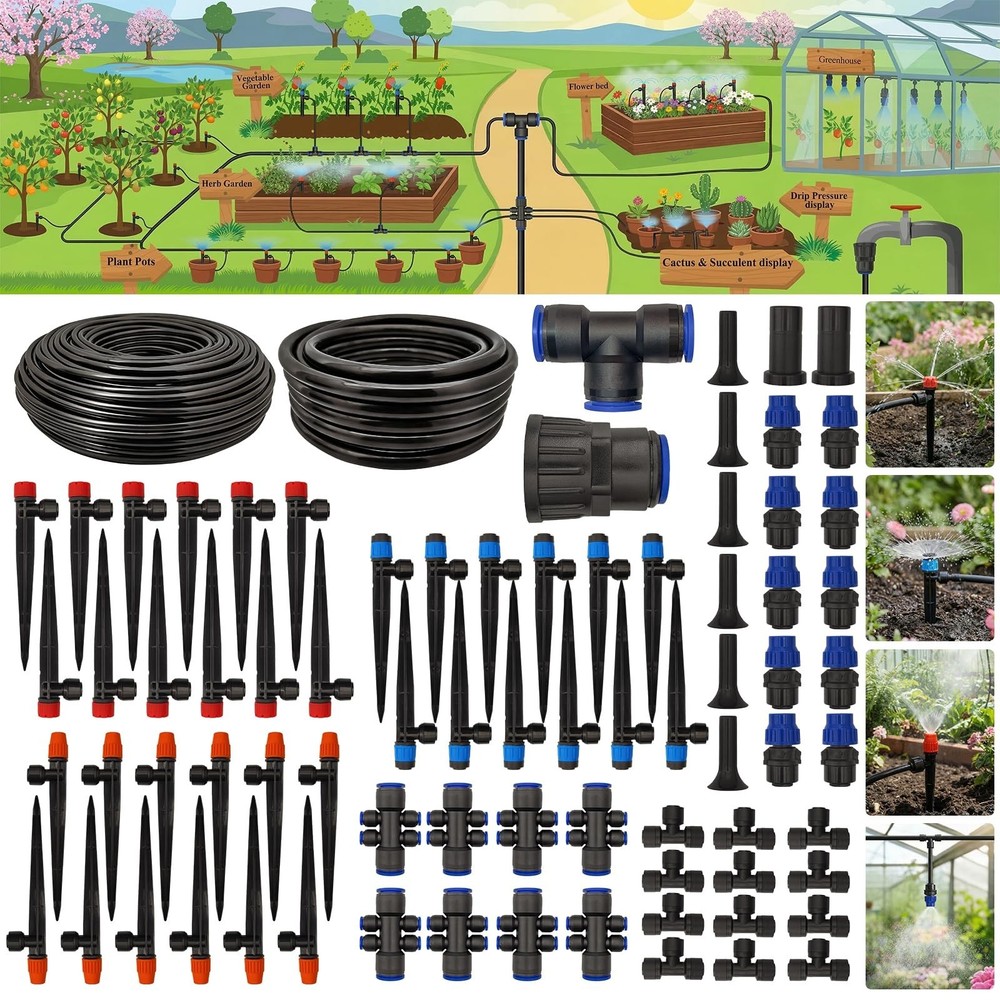 Drip Irrigation System 230FT Quick-Connect Drip Irrigation Kit with 1/4 inch 1/2