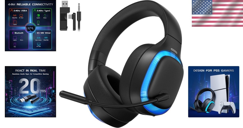 Comfortable Over-Ear Gaming Headset for PS5 & Multi-Platform - 2.4GHz Wireless