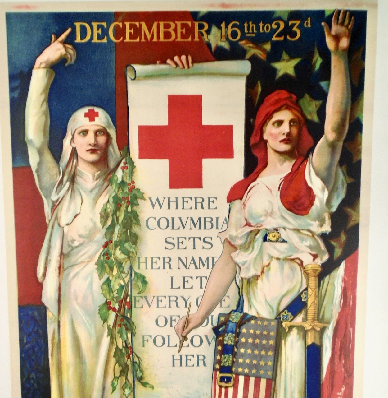 1918/ ORIGINAL WW1 POSTER/ “RED CROSS CHRISTMAS ROLL CALL”/LINEN-BACKED