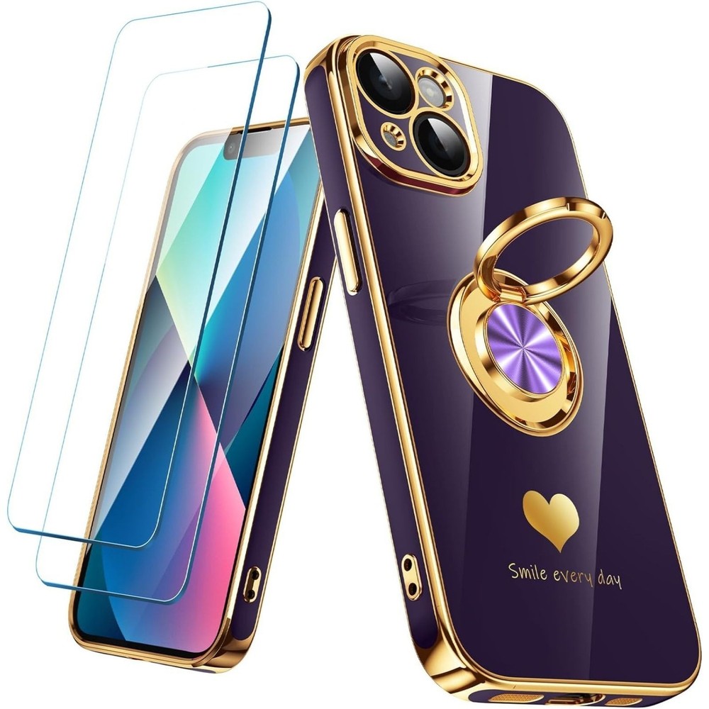 iPhone 13 Case with 2 Pack Screen Protector, 360° Rotatable Ring Holder - Purple