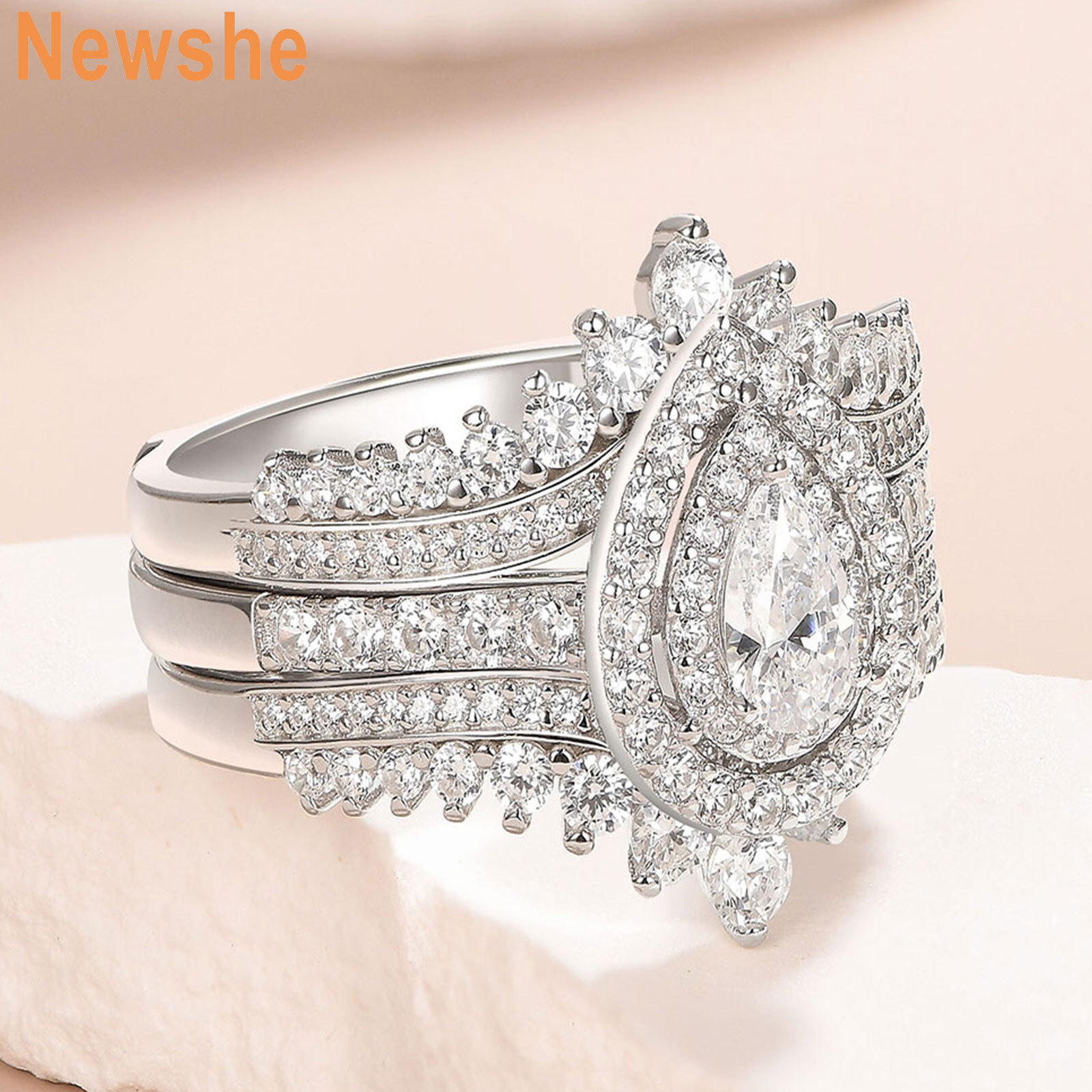 Newshe Sparkling 2CT Wedding Engagement Ring for Women Crown Solid Silver 5A CZ