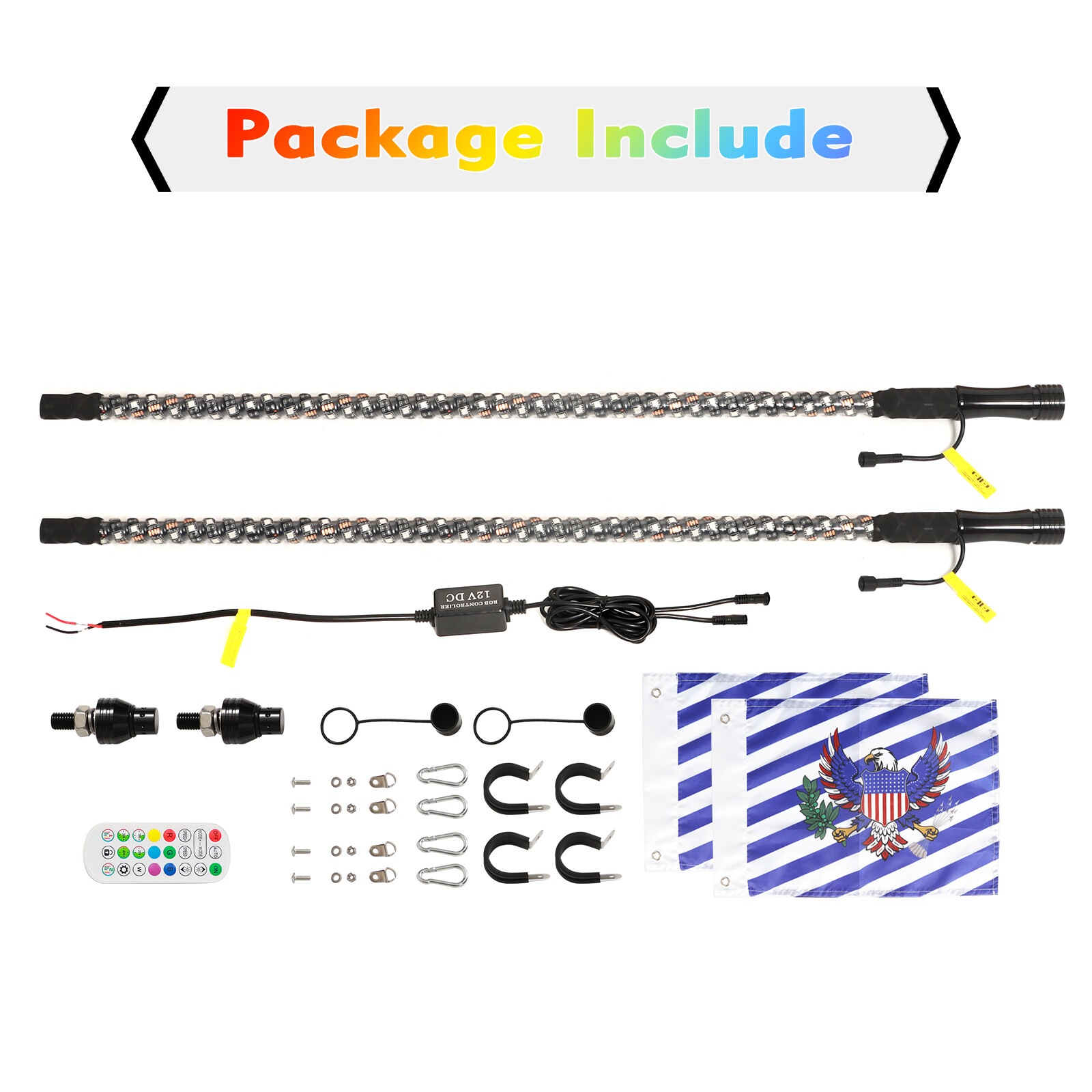 Pair 4ft RGB Spiral LED Whip Lights Antenna Chase + US Flag & Remote for ATV UTV