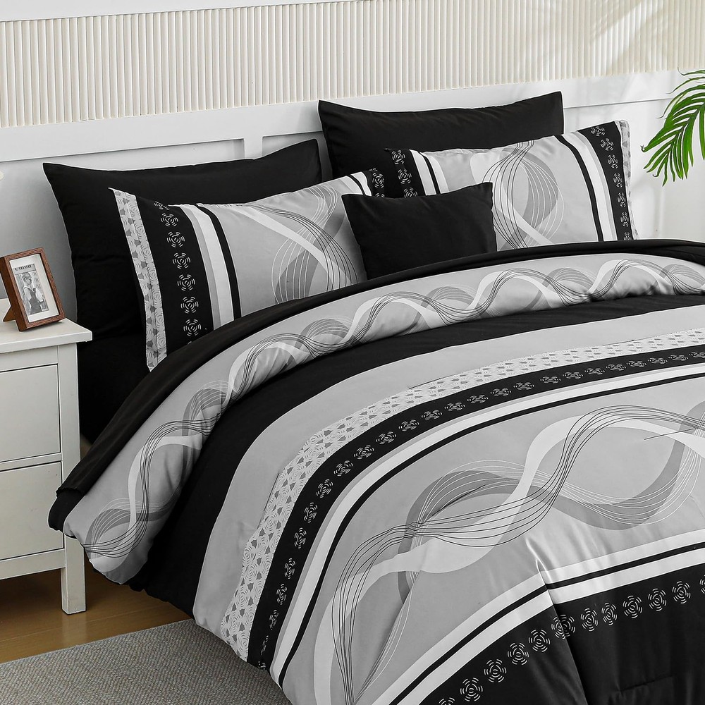 Comforter Set Size,8 Pieces Boho Bed in a Bag Patchwork Striped Queen Black