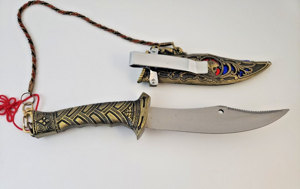 Exquisite Asian Design with-Blue/red Gemstone Silver Brass Dagger