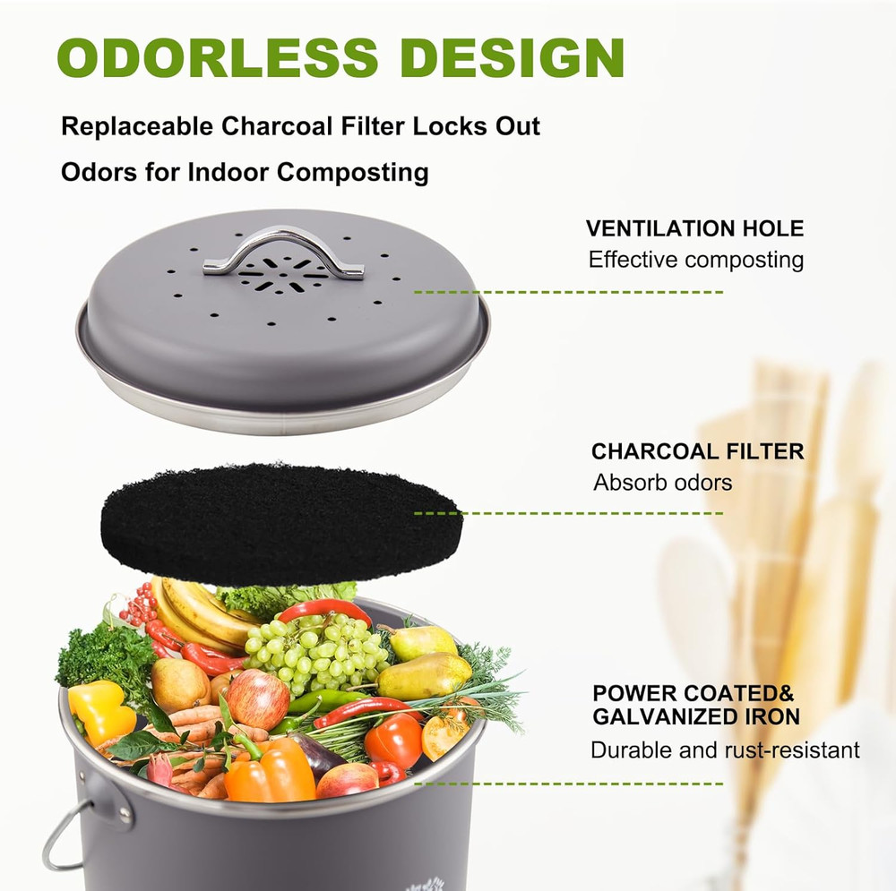 Kitchen Countertop Compost Bin, Odor Resistant Indoor Compost Bin with Lid an...