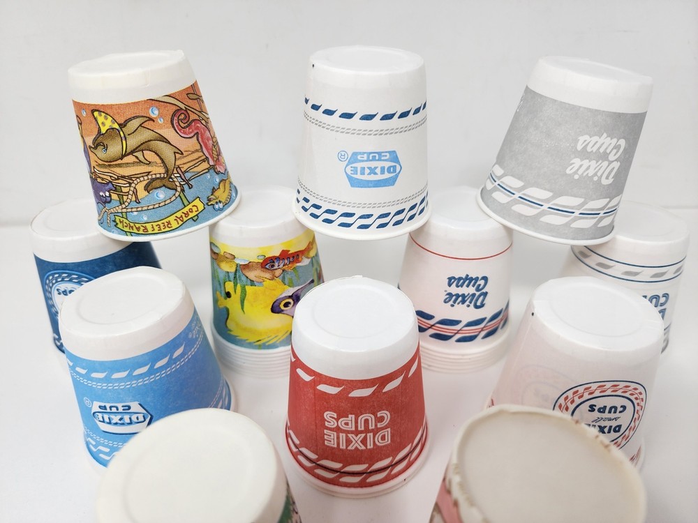 38 Vintage Dixie Cups 3 oz Various Designs Seashell Fish Logo
