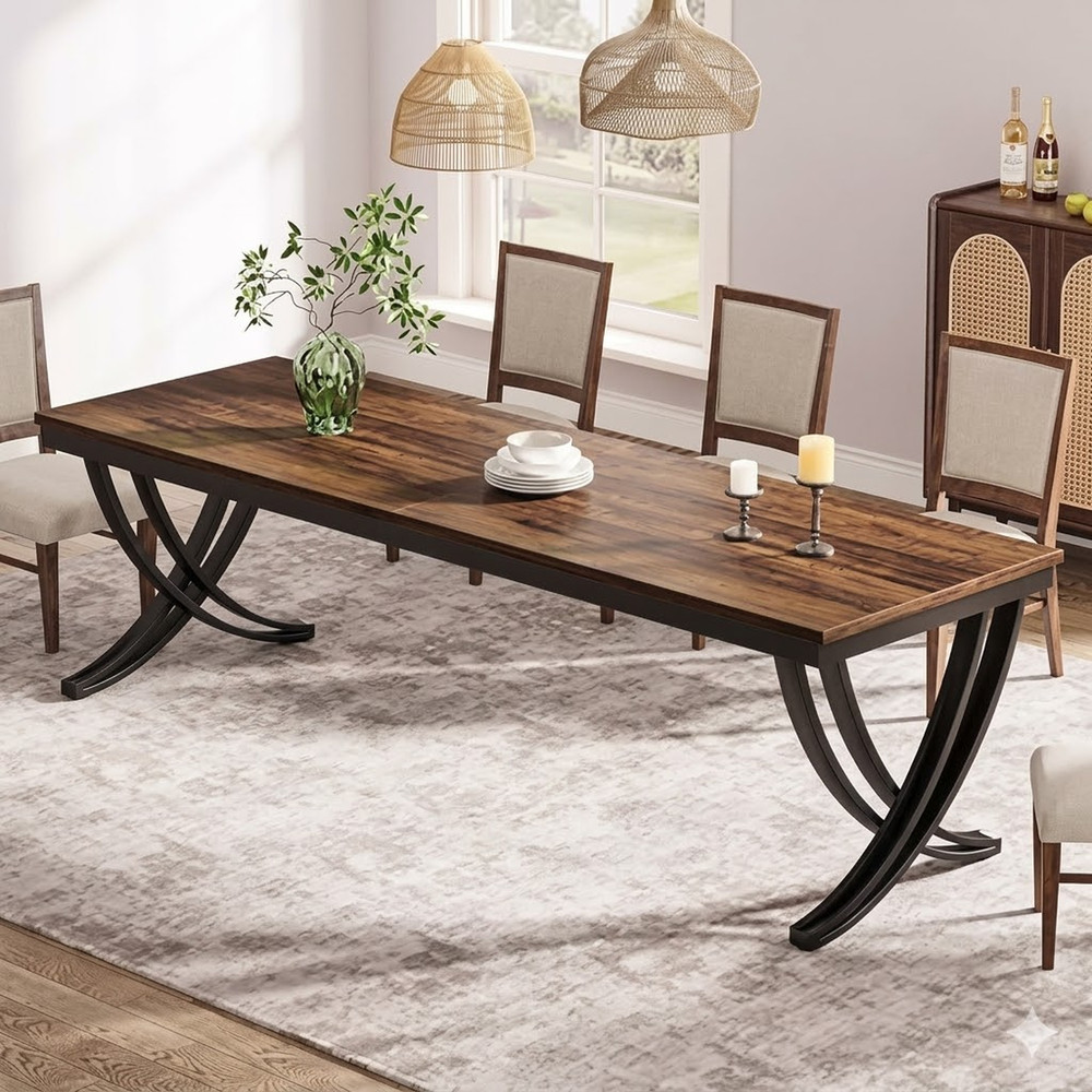 78" Rustic Brown Dining Table Large Rectangular Wood Metal Kitchen Table Seats 8