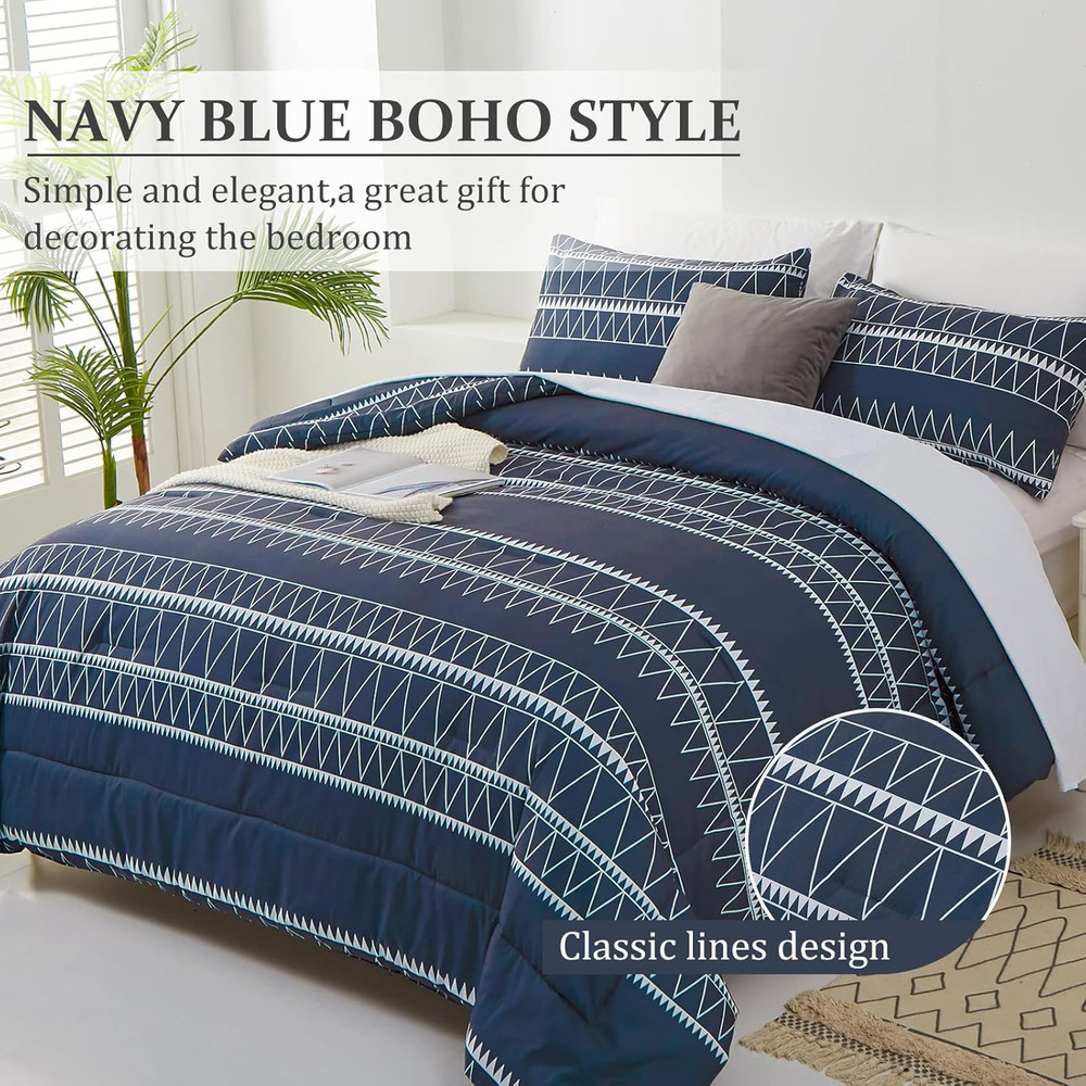 Navy Blue Comforter Set Queen, Reversible Boho Triangle down Alternative Comfort
