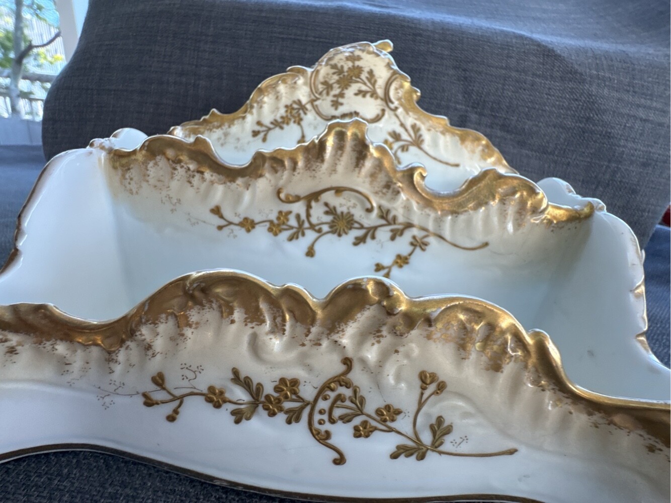 antique c. 1900 AK CD LIMOGES gilt porcelain letter holder desktop accessory