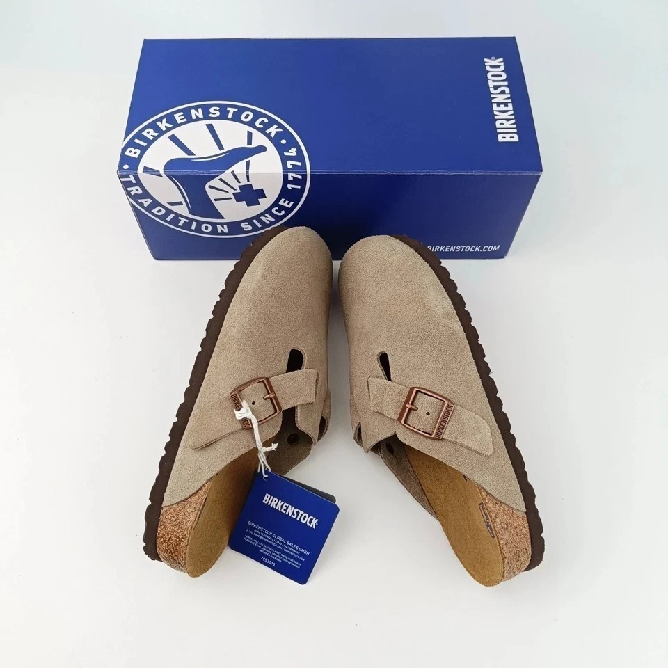 Birkenstock Boston Taupe Suede Leather Soft Footbed Unisex Clog Shoes