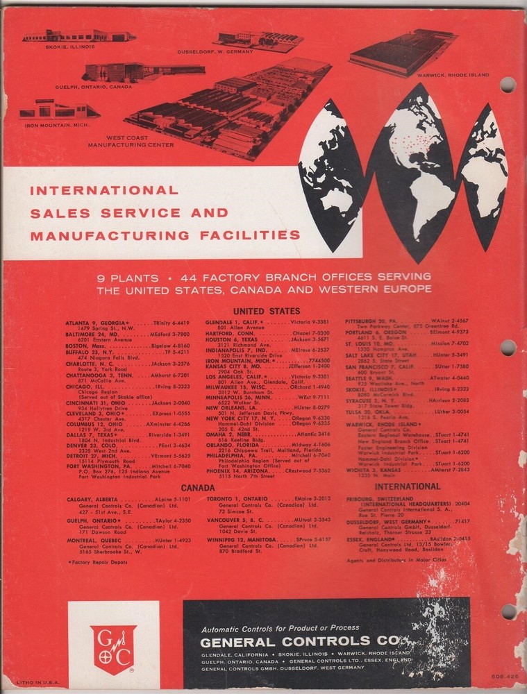 General Controls 1961 Condensed Catalog Automatic Heating Controls Glendale, CA