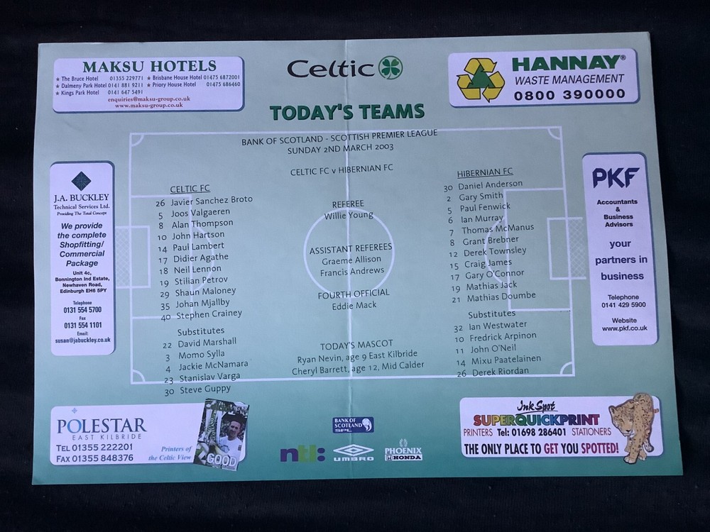 2002/3 Celtic v Hibernian March teamsheet