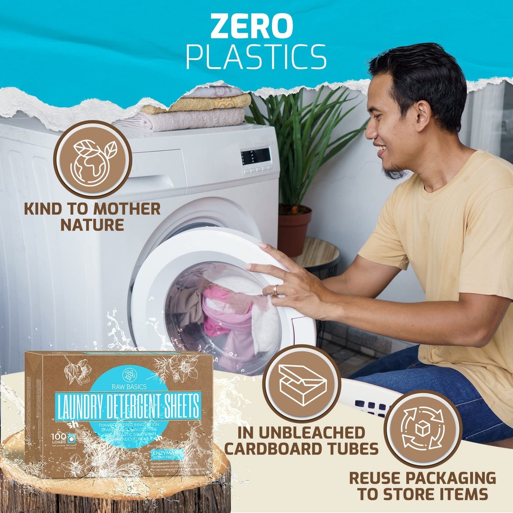 100 Loads Laundry Detergent Sheets, Unscented, Zero Waste, Scent Free Soap