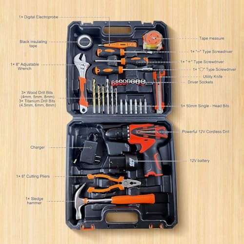 33 Picce Orange Tool Kit with 12V Cordless Drill, Tool Box with Drill Driver