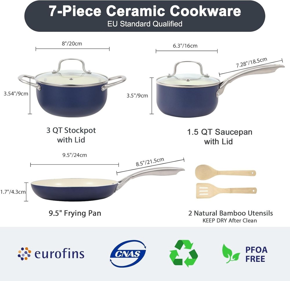 Pots and Pans Set, 7 Piece Nonstick Ceramic Cookware Set, Kitchen Induction C...