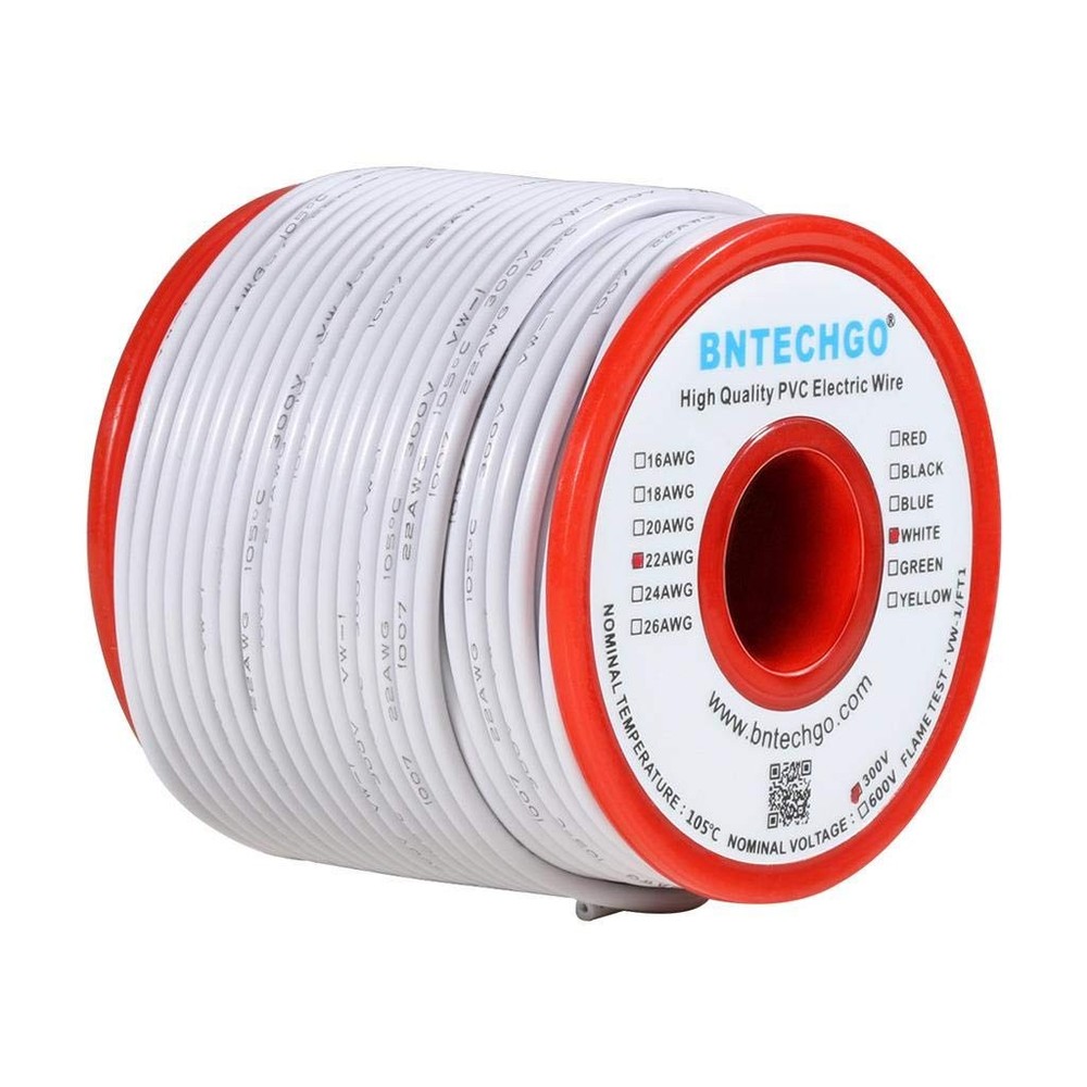 BNTECHGO 22 Gauge PVC 1007 Solid Electric Wire White 22 100ft,