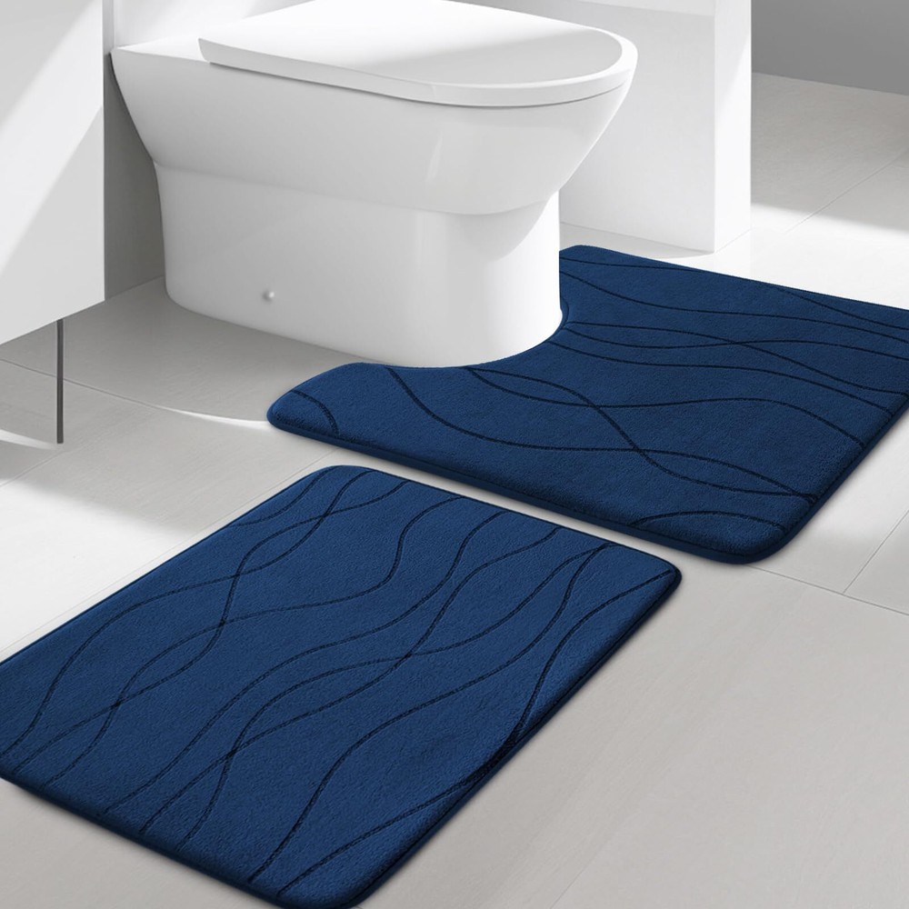 Memory Foam Blue Bathroom Rug Sets 2 Piece Ultra Absorbent Bath Mat for Bathr...