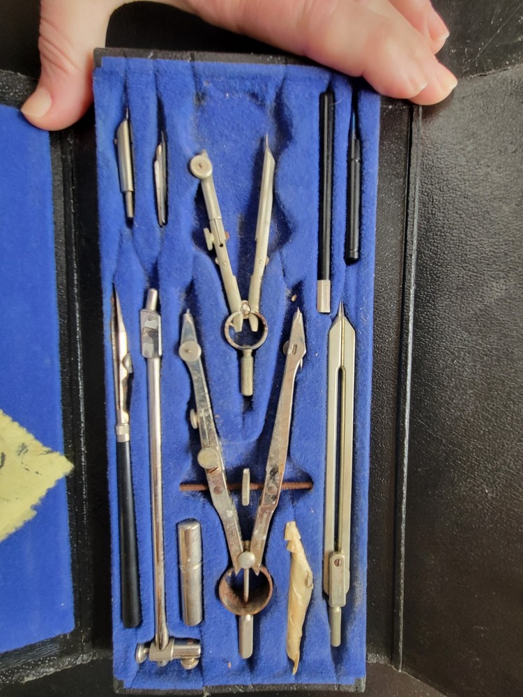 Vintage Drafting Compass Set Drawing Tools Blue Felt Case Engineering Architect