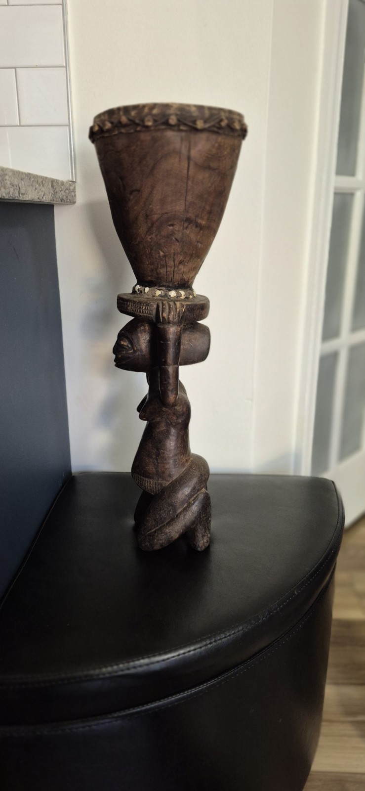 African Luba Female Wood Statue With Drum 21"H 7.5"W