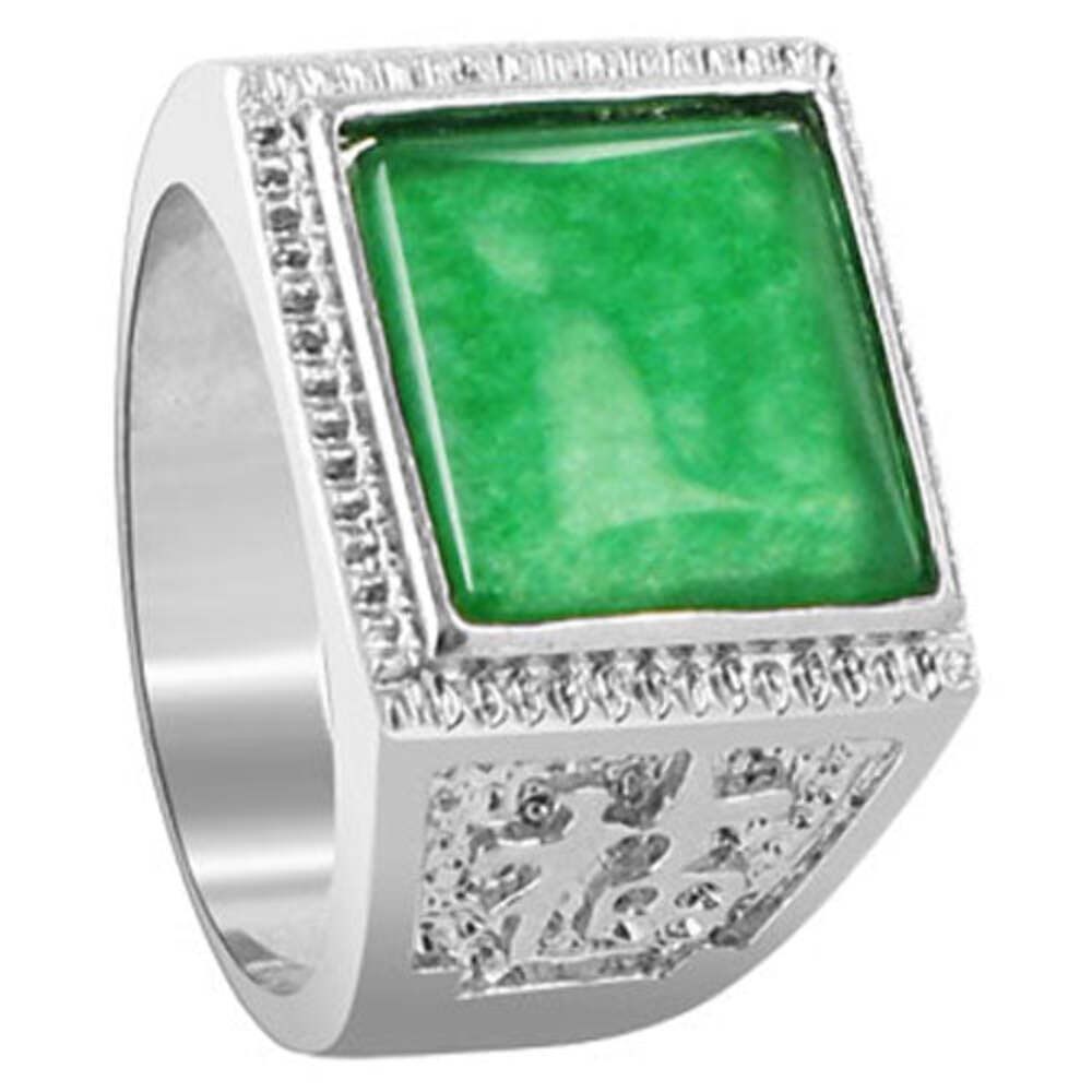 Men’s Silver Plated Green Nephrite Gemstone Square Shape Ring Stylish Statement