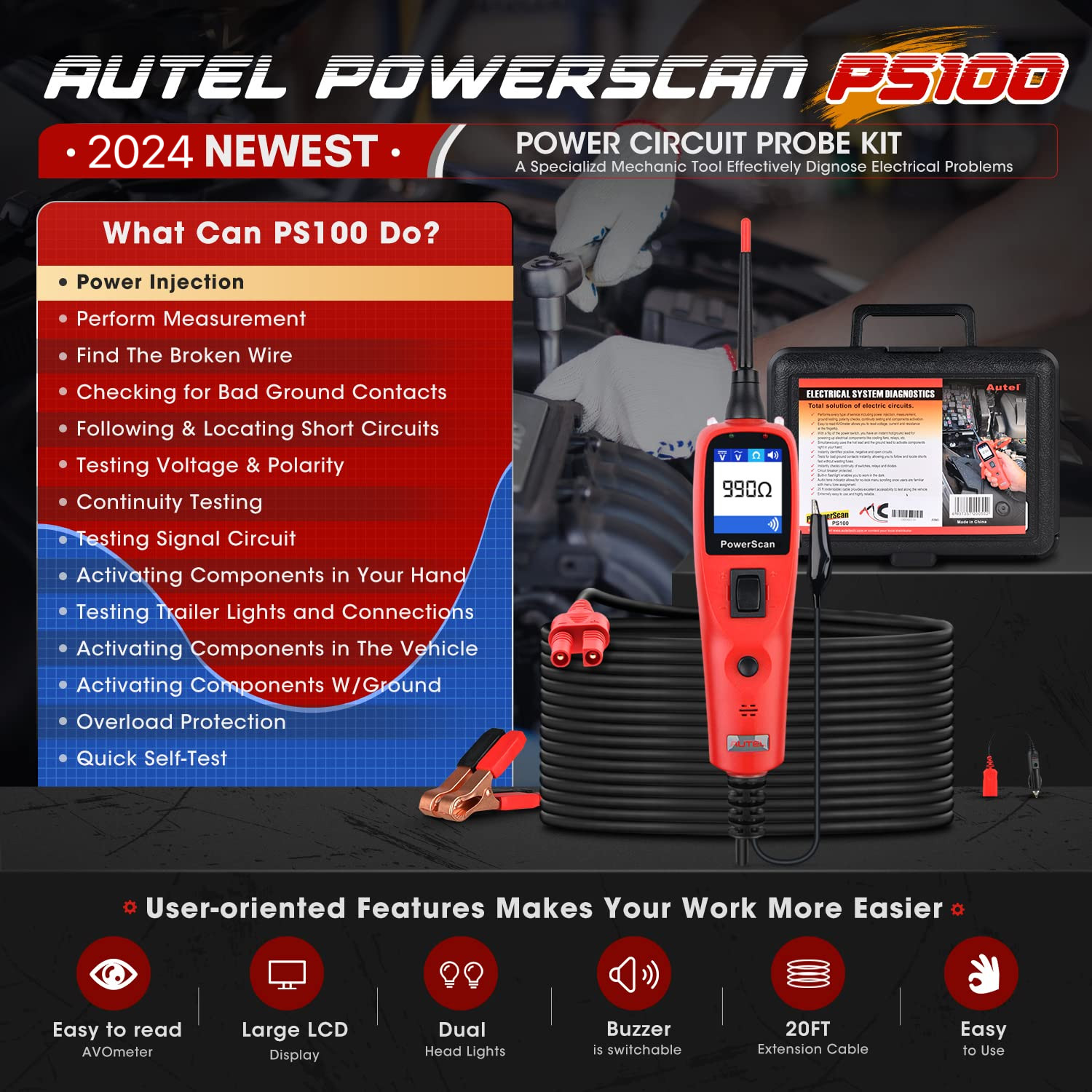 2026New Autel PS100 Circuit Tester Electrical Diagnostic Power Probe 12V/24V