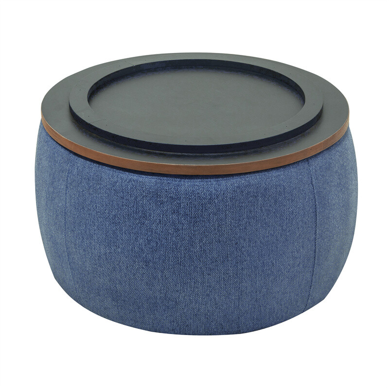 Round Storage Ottoman, 2 in 1 Function, Work as End table & Ottoman-Navy