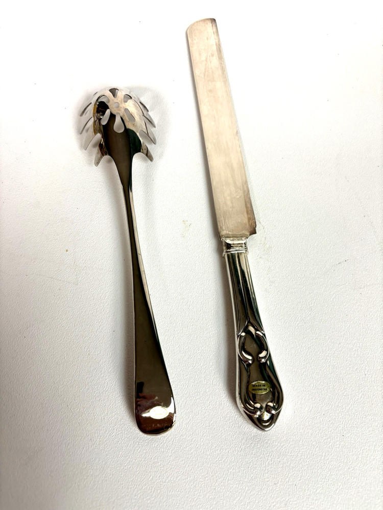 Silver Plated Serving Utensils, Pasta Spoon & Cake Knife
