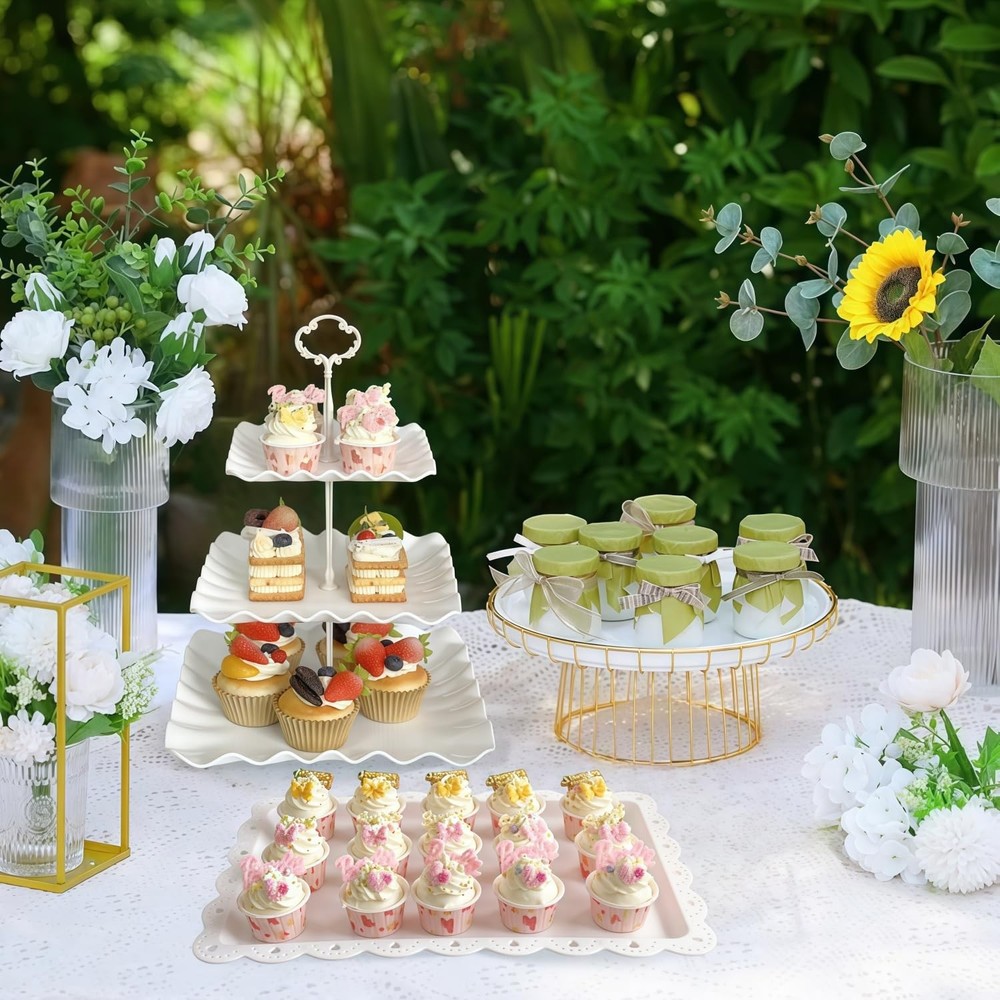 5 Pcs Cupcake Stand Set - Plastic Dessert Table Display Set, 2 White Square 3...