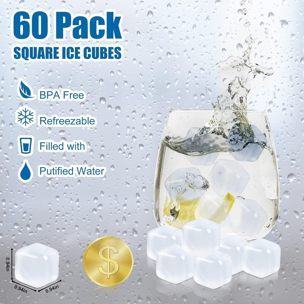60 Pack Reusable Ice Cube for Drinks, Refreezable Plastic Ice Cubes Without