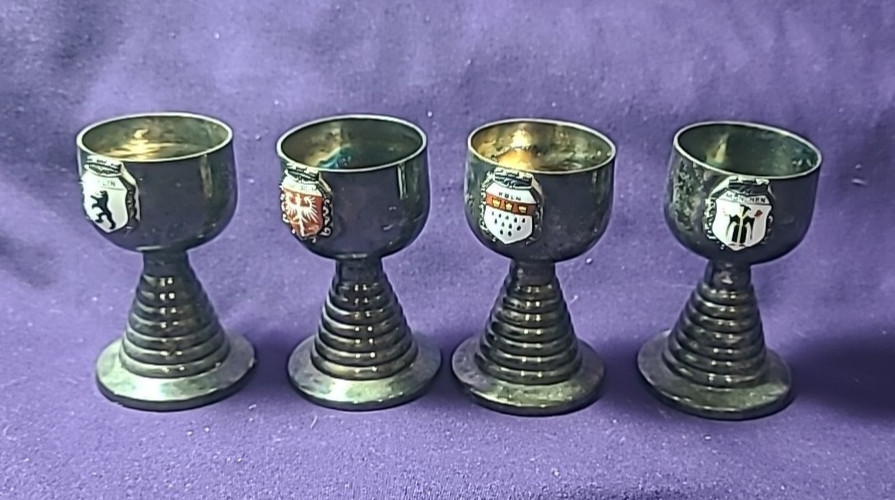 Set Of 4 German Vintage  ini Silverplate Goblets Enamel Cities States Cordials
