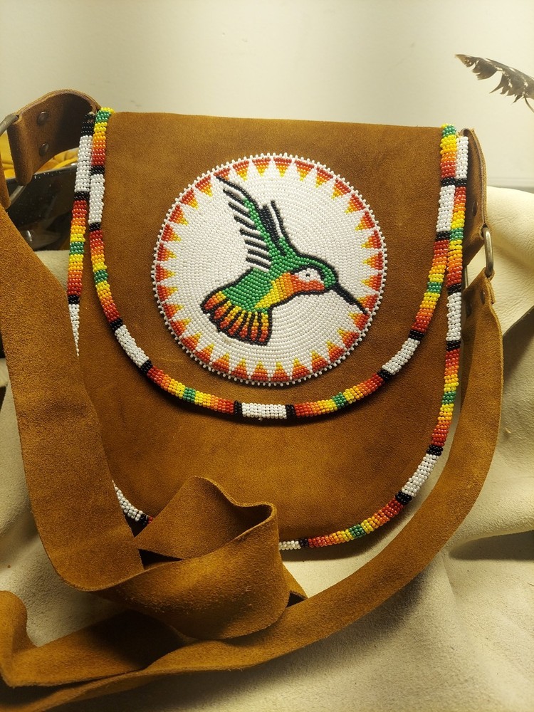 Beaded Leather Shoulder Bag, 36" Strap Hummingbird
