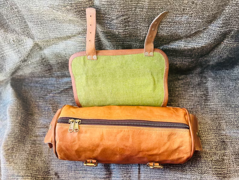 Bag Motorcycle Fork Tool Pouch Luggage Leather Front Handlebar Storage Saddlebag