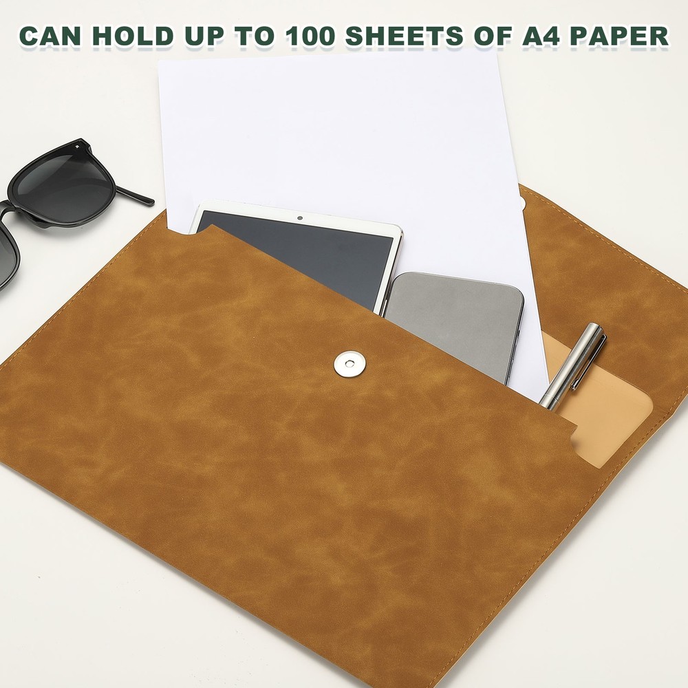 PU Leather A4 File Folder, 2Pcs Document Holder Filing Organizer, Brown