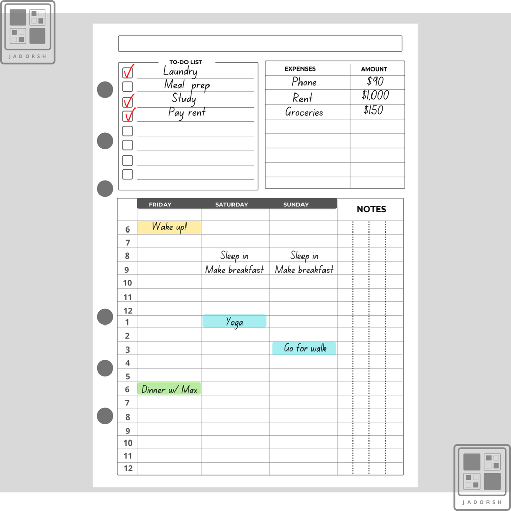 Printed A5 A6 Personal-Size Weekly Planner Insert Refills 50sheets [100Pages]