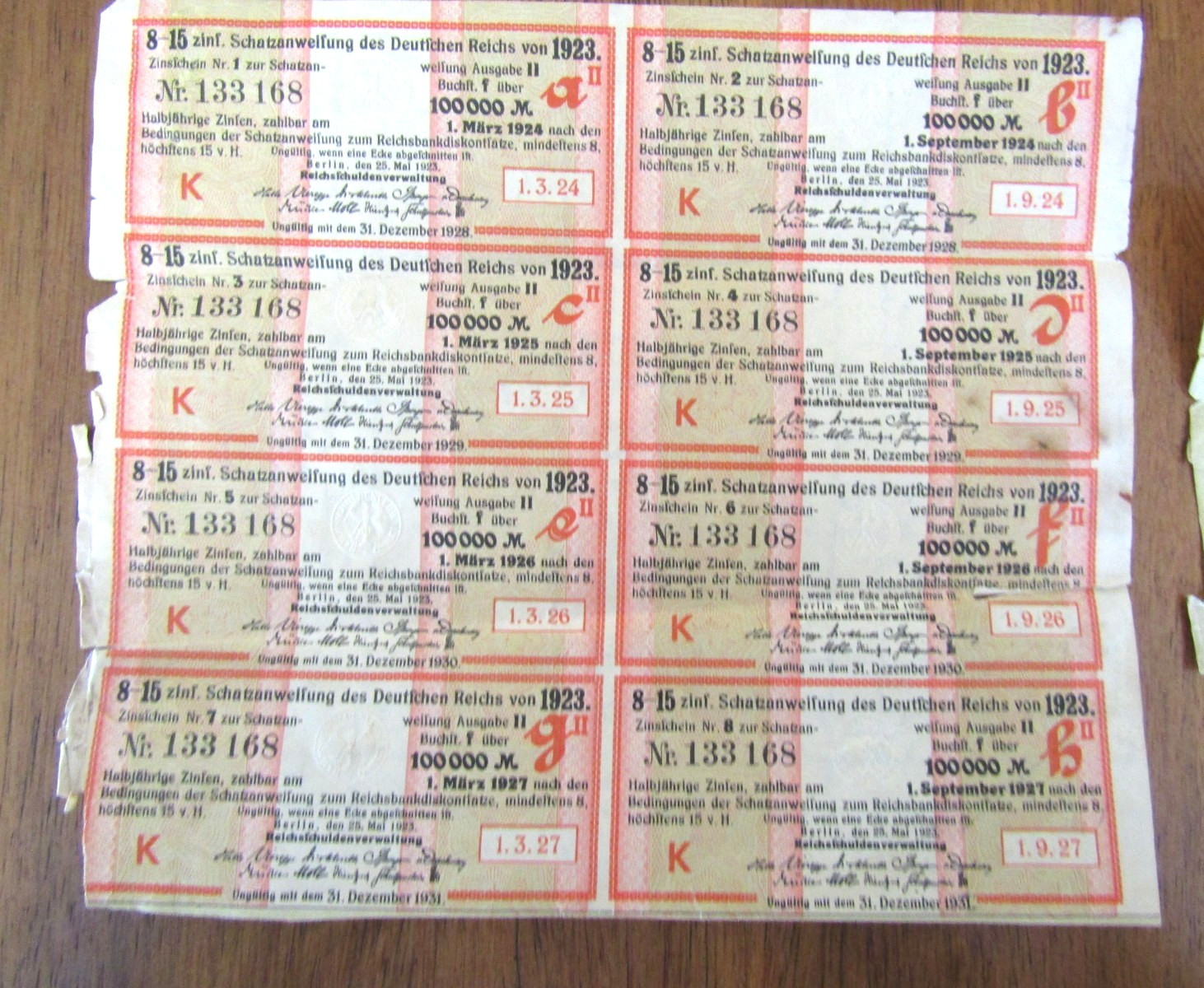 1923 8-15 zinfige Schatzanweifung des Deutfchen Reichs 1000000 German Bond