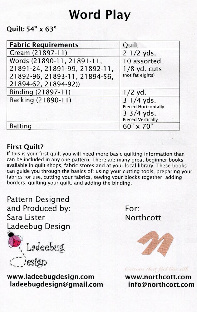 "Word Play" Quilt pattern by Ladeebug Design