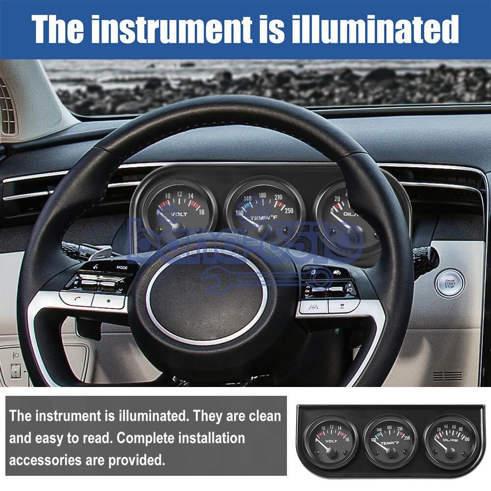 2" 52mm 3-in-1 Auto Car Triple Gauge Set Kit Water Temp Oil Pressure Volt Meter