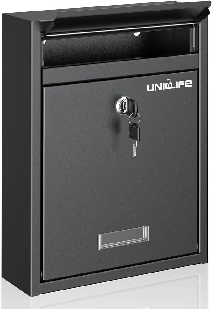 Uniclife Wall Mount Mailbox for Outside, Locking Mail Box, Key Lock, Blcak