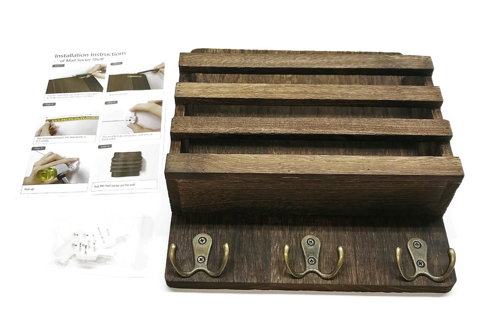 Mkono Wall Mounted Rustic Brown Mail Sorter/Key Holder NOS