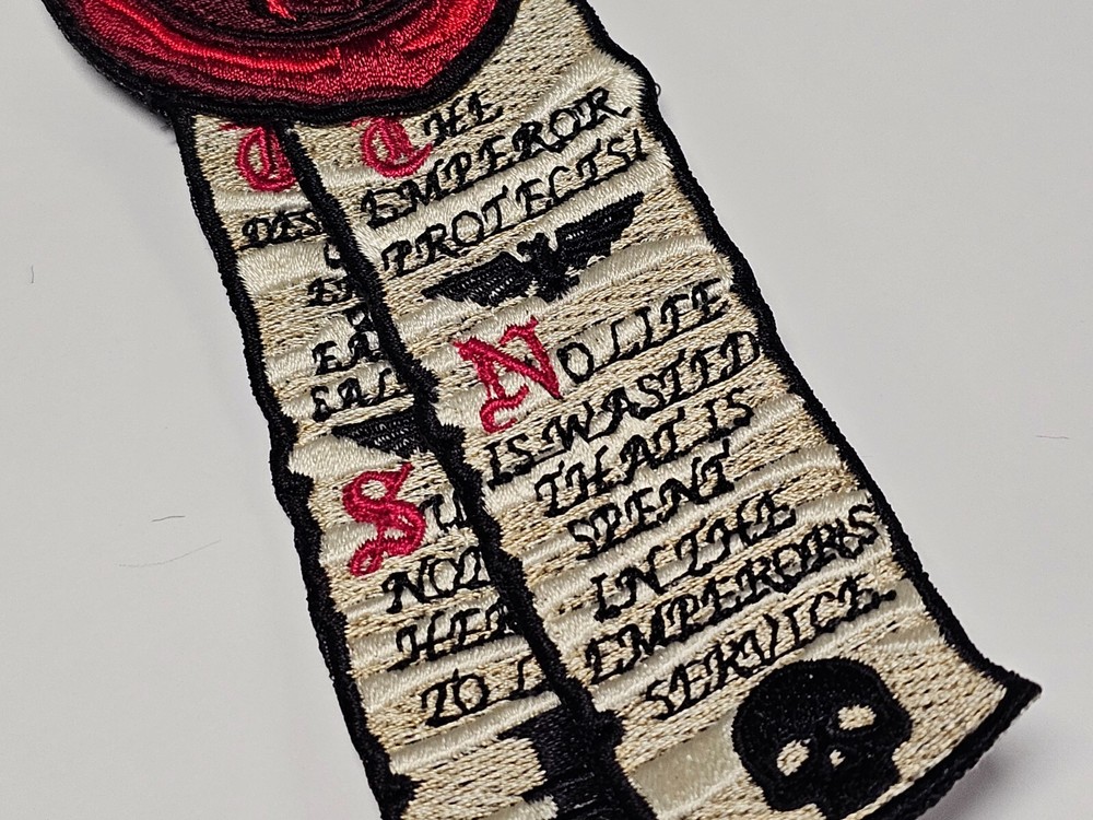 Grim Dark Purity Seal Wax & Scroll Embroidered Patch Hook Back Warhammer 40k